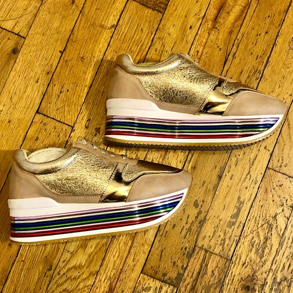 Gold platform rainbow sole sneakers size 38! These are like new! Perfect PRIDE! - Picture 2 of 2